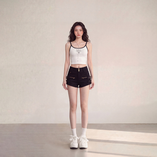 艾格高腰排扣拉链设计牛仔短裤 辣妹风 女黑色潮流显瘦百搭日常热裤