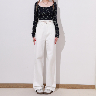 艾格白色窄版阔腿牛仔裤女2026春季新款小个子百搭显瘦直筒拖地裤