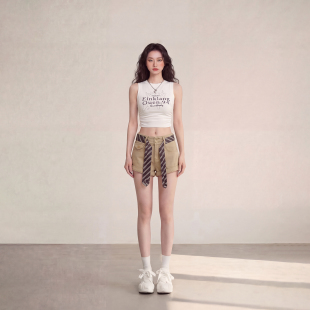 牛仔 女日常绑带设计显瘦休闲裤 艾格2026爆款 复古高腰卡其色短裤