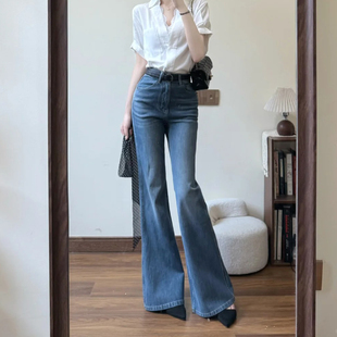 高腰显瘦喇叭拖地裤 新款 子 女2026春季 艾格深蓝色宽松喇叭牛仔裤