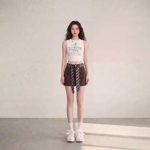 复古A字半身裙女2026春季 艾格辣妹风咖色时尚 系带牛仔短裙美式