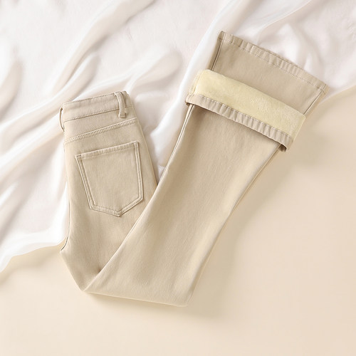 艾格杏色微喇牛仔裤女2026春季新款高腰显瘦马蹄拖地裤子