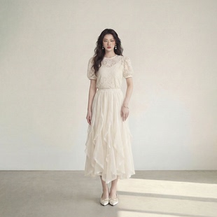 艾格温柔风蕾丝网纱A字半身裙女高腰褶皱中长裙奶油风少女短裙子