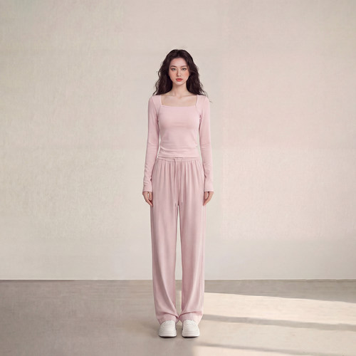 艾格慵懒风粉色减龄休闲女裤阔腿宽松显瘦直筒裤拖地款长裤子百搭