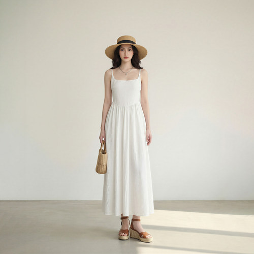 艾格法式度假吊带显瘦A字连衣裙