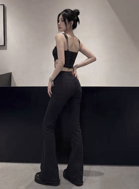 黑色高腰微喇九分显瘦牛仔裤女