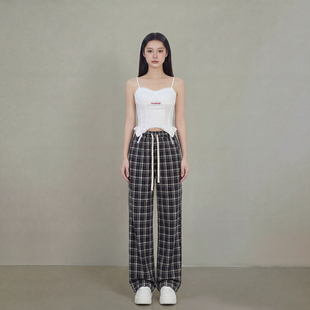 日常百搭 宽松休闲慵懒风长裤 艾格百搭格纹阔腿裤 女高腰抽绳直筒裤