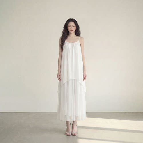 艾格白色吊带蕾丝度假连衣裙