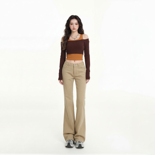 艾格美式卡其色微喇牛仔裤辣妹低腰垂感小个子马蹄裤拖地款长裤