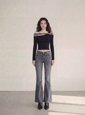 美式复古灰色微喇牛仔裤女2026春季新款美式低腰不贴腿显瘦拖地裤