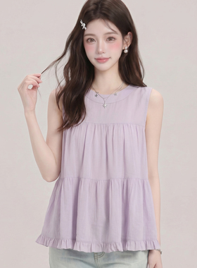 少女风简约百搭无袖背心宽松显瘦夏季套头上衣紫色圆领无袖娃娃衫