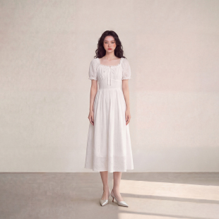 艾格夏季 连衣裙女方领收腰显瘦减龄长裙初恋小白裙 温柔风泡泡袖