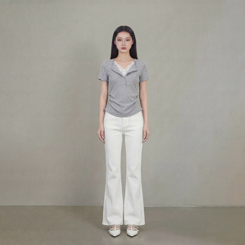 艾格灰色短袖修身显瘦蕾丝T恤