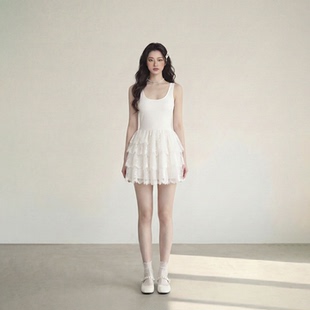 艾格温柔风白色吊带连衣裙女无袖 显瘦蛋糕裙A字短裙 蕾丝拼接修身