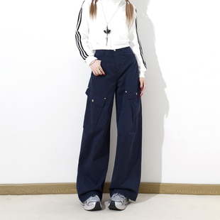 宝蓝色工装 百搭拖地裤 阔腿裤 新款 宽松显瘦 女2025秋季 艾格复古美式