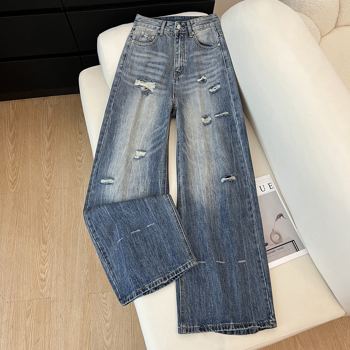 艾格复古做旧破洞阔腿牛仔裤女2026早春新款垂感百搭个性拖地裤,女装/女士精品,牛仔裤,淘宝优惠券,粉丝福利购,淘宝优惠卷