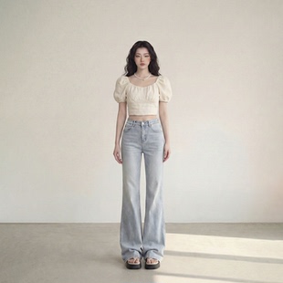 百搭显瘦微喇裤 艾格简约高腰喇叭牛仔裤 女2026水洗蓝色做旧拖地裤