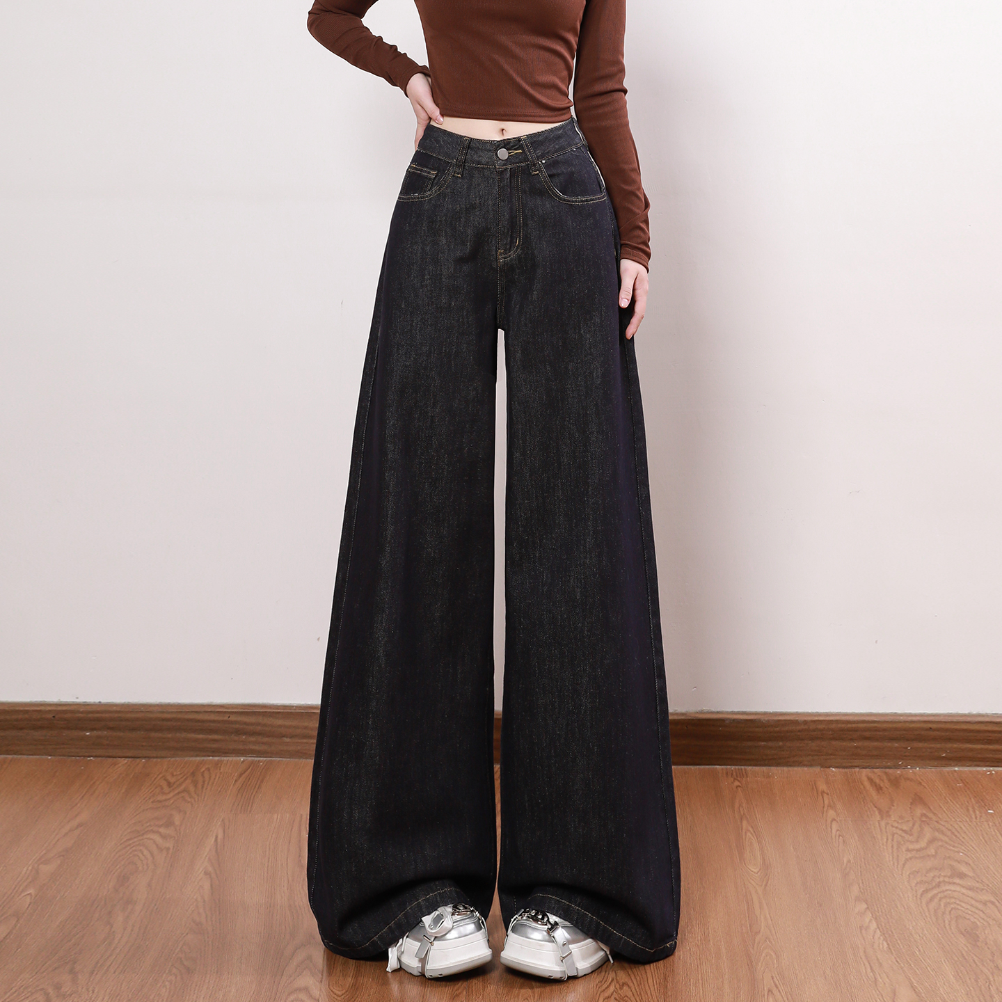 艾格高腰宽松垂感阔腿牛仔裤女2025秋季新款高个子显瘦直筒拖地裤