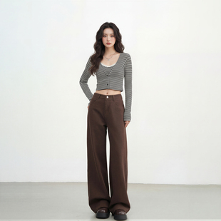 宽松直筒显瘦休闲拖地裤 新款 女2026春季 艾格咖啡色高腰阔腿牛仔裤