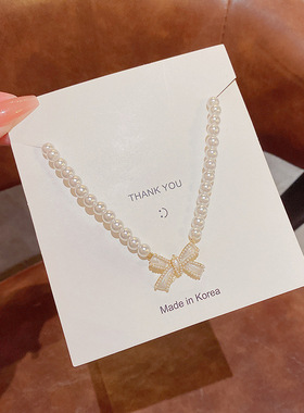 优雅气质珍珠项链女ins风轻奢小众设计感百搭蝴蝶结锁骨链颈链