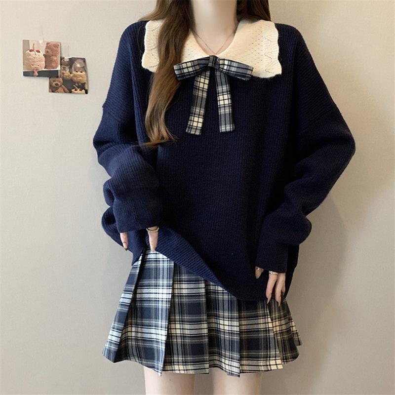 大码学院风撞色娃娃领针织毛衣女藏青上衣长袖甜美风