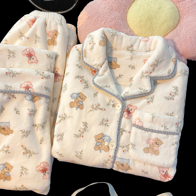 2025新款睡衣女款秋冬季可爱小熊珊瑚绒加绒加厚冬天法兰绒家居服