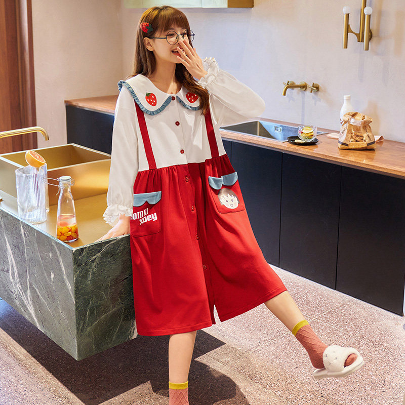 睡裙女春秋冬季纯棉长袖樱桃小丸子夏季孕妇宽松加大码睡衣家居服