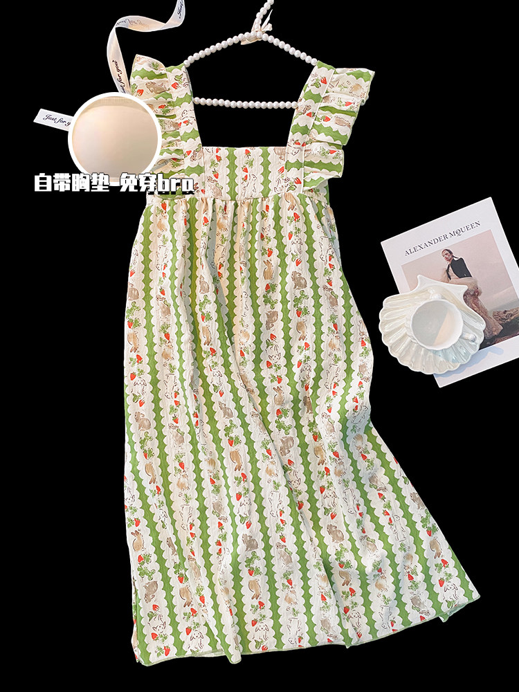 睡裙女款吊带胸垫夏季绿色条纹田园风兔子云朵棉绸夏天睡衣家居服