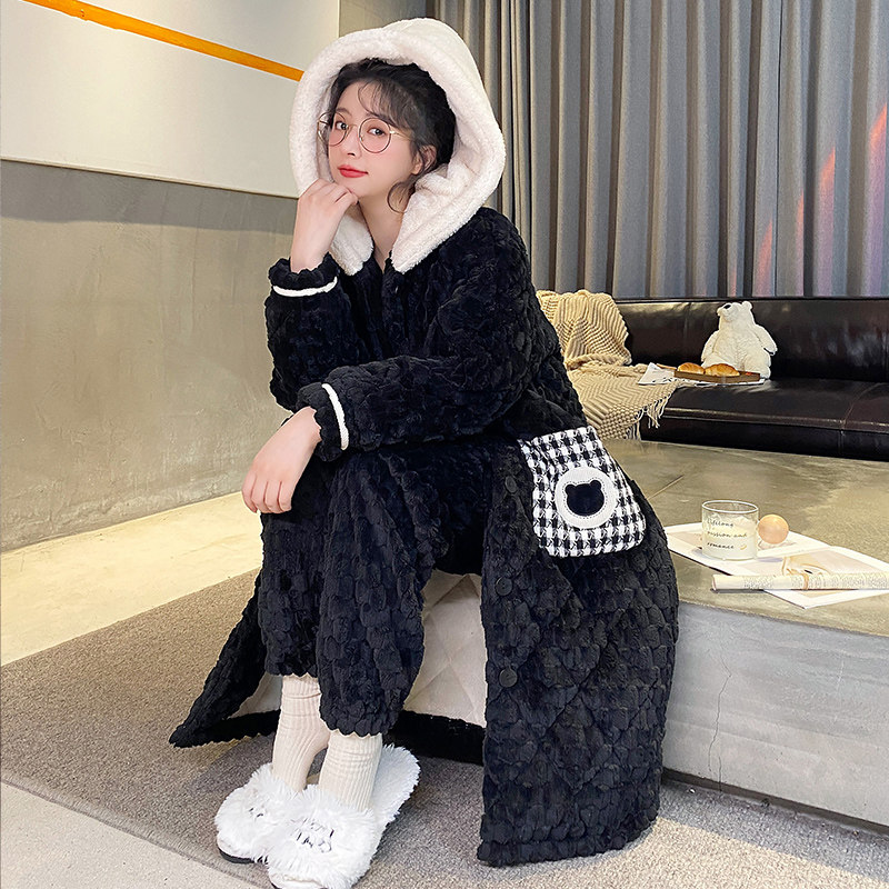 CORAL VELVET THREE-LAYER PADDED NIGHTGOWN WOMENS WINTER 2022 NEW INTERNET CELEBRITY WEARABLE HOODED PAJAMAS LOUNGEWEAR SET