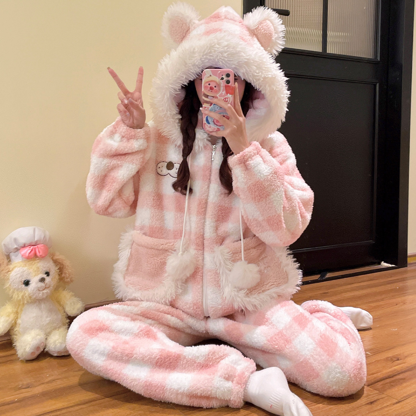 珊瑚绒连帽睡衣女秋冬季2026新款加绒加厚法兰绒可外穿家居服冬天
