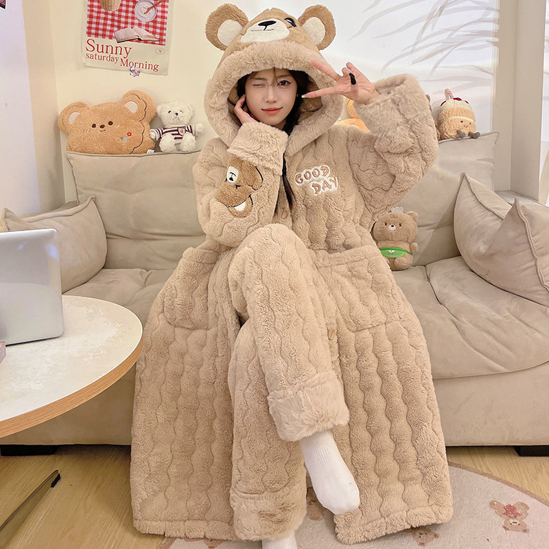 珊瑚绒三层夹棉睡衣女秋冬季加绒加厚睡袍浴袍冬天2025新款家居服