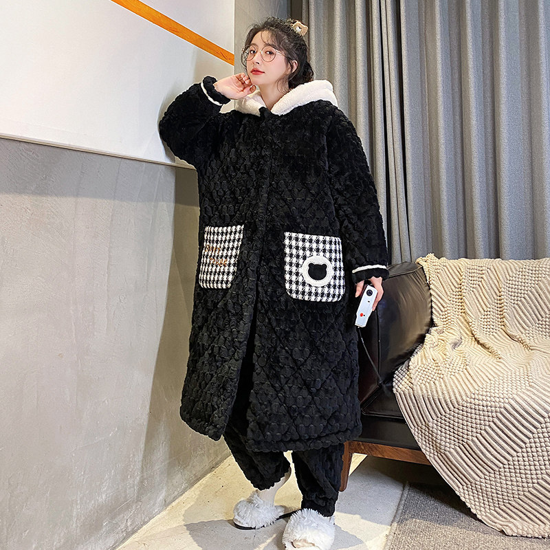 CORAL VELVET THREE-LAYER PADDED NIGHTGOWN WOMENS WINTER 2022 NEW INTERNET CELEBRITY WEARABLE HOODED PAJAMAS LOUNGEWEAR SET