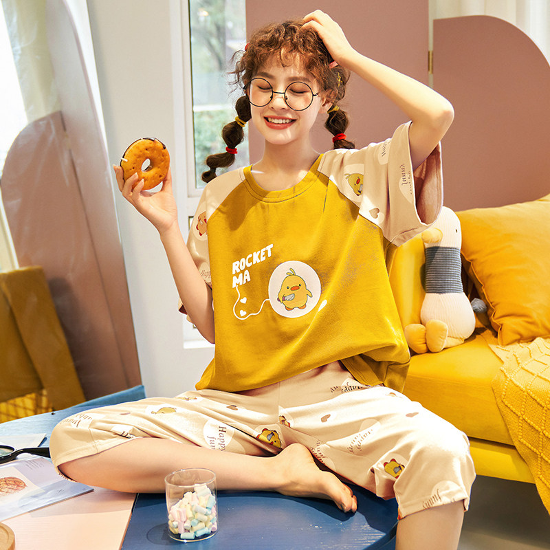 睡衣女士夏季纯棉短袖卡通可爱七分裤春秋夏天全棉薄款家居服套装
