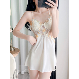 性感睡衣女夏季薄款丝绸带胸垫蕾丝露背睡裙短款情趣连衣裙家居服