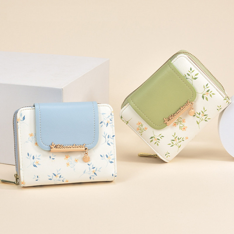 时尚钱包女短款折叠多功能大容量撞色钱夹可爱印花薄款零钱包一体