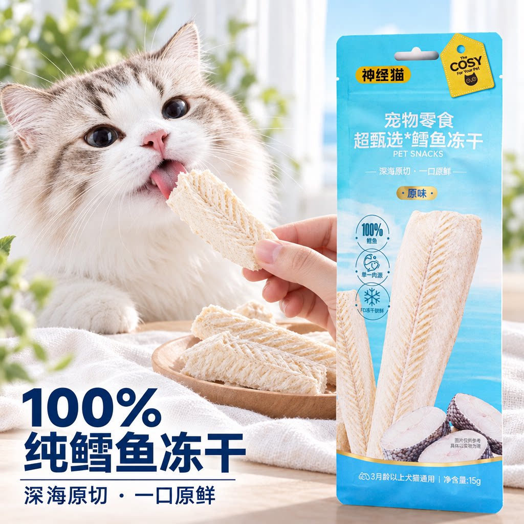 猫咪零食鳕鱼冻干宠物原切磨牙棒营养美毛小鱼干增肥肉块猫粮桶装