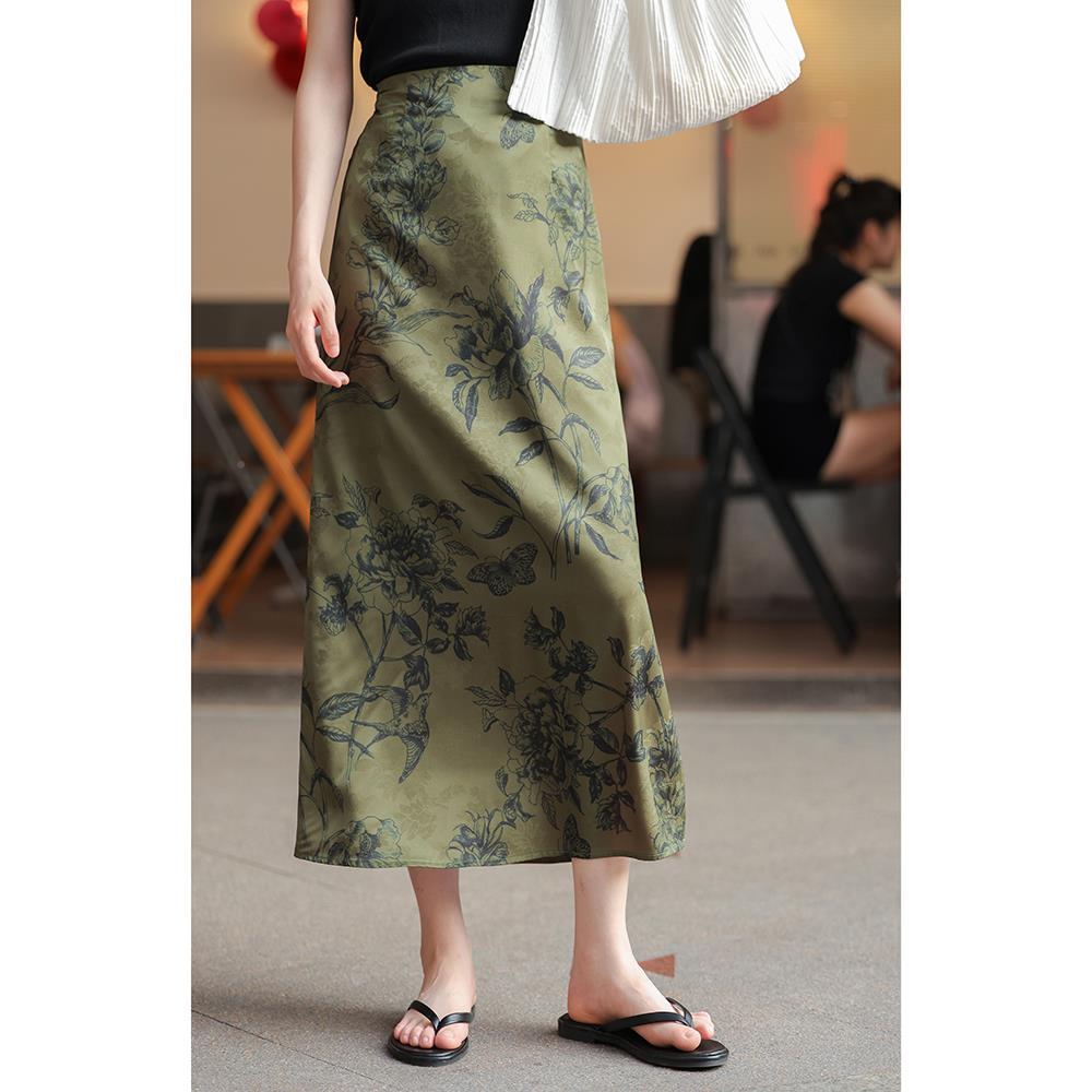 中定觅新式国风半身裙女夏季00870高腰中长感款气质开叉裙子垂坠