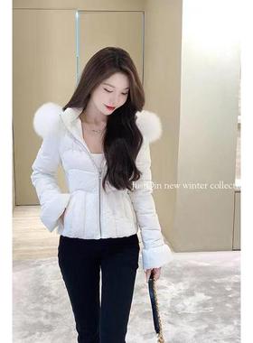 JustQinlulu腰秋冬新款2025韩版大毛领收腰羽绒棉服女外套保暖