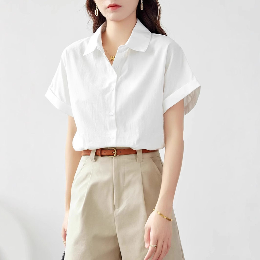 纯棉气质女士短袖白衬衫女夏2026年新款夏季穿搭白色衬衣上衣薄款