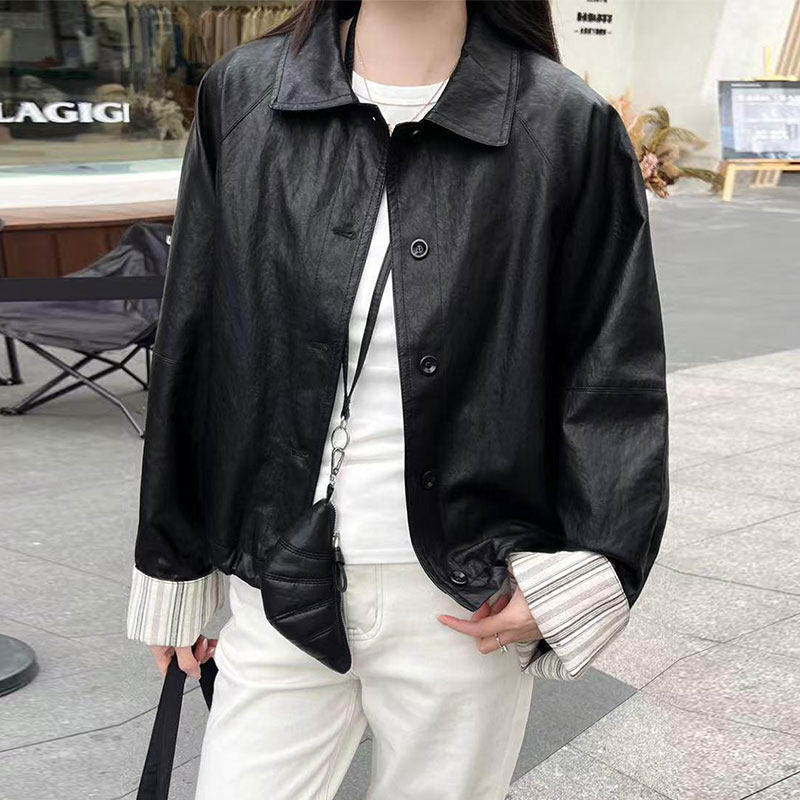 复古高级感黑色短款皮衣外套女2026年春季袖口拼接设计感夹克上衣