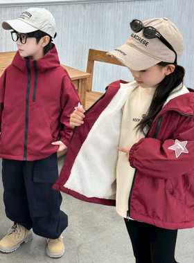 儿童外套2025秋冬男女童双拉链连帽夹克宝宝小童休闲上衣大童冲锋