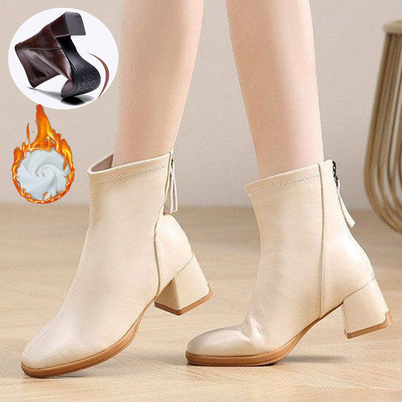 秋冬季时尚高帮真皮舞蹈鞋软底跳舞靴拉链百搭皮靴加绒保暖中跟女