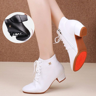 春秋时尚新款高帮真皮舞蹈鞋拉链软底广场舞鞋水兵交谊中跟短靴女