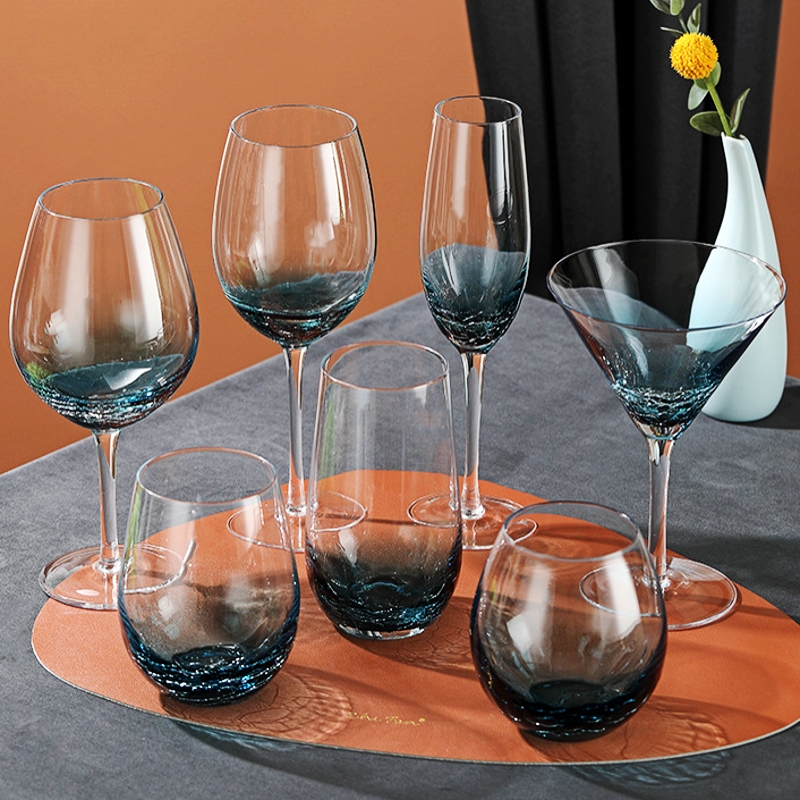 北欧渐变蓝冰裂酒杯气泡水晶玻璃