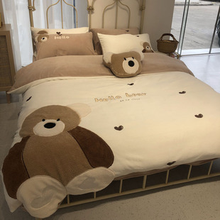 Slice可可熊贴布绣泰迪绒高端冬季 牛奶绒四件套加厚保暖卡通被套