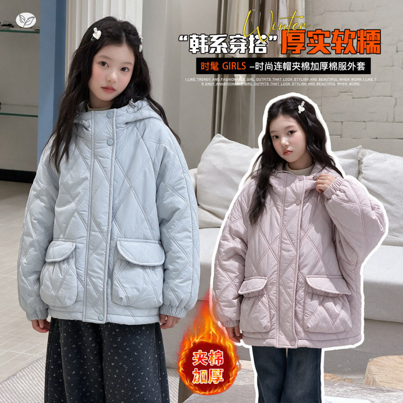 女童秋冬款加绒加厚仿兔毛绗线夹棉外套女中大童连帽棉服