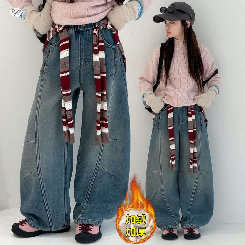女童冬款加绒牛仔弯刀裤中大童加厚屁帘前片钉扣老爹裤保暖阔腿裤