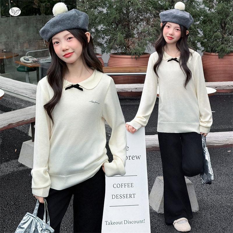 女童2026春秋娃娃领打底衫小香风针织毛衣蝴蝶结时尚中大童喇叭裤