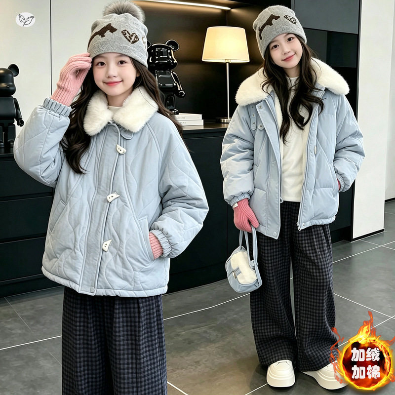 女童秋冬款韩版加厚棉服女大童休闲牛角扣棉衣洋气保暖毛翻领棉衣