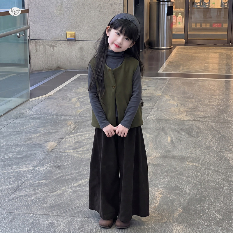 女童复古马甲三件套2026秋新款中大童半高领打底衫背心阔腿裤套装